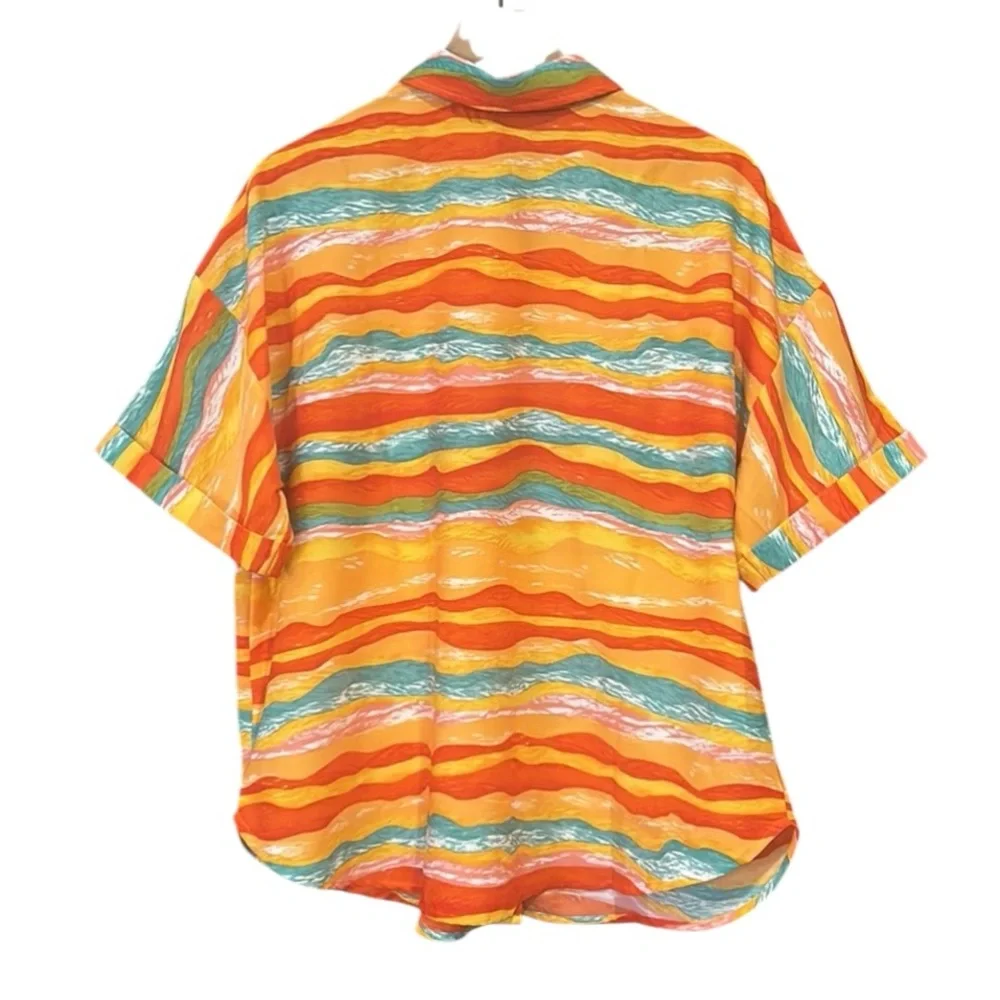 Entro Multicolor Loose Fit Button Up Short Sleeve Top Women’s Size Large - Picture 2 of 10